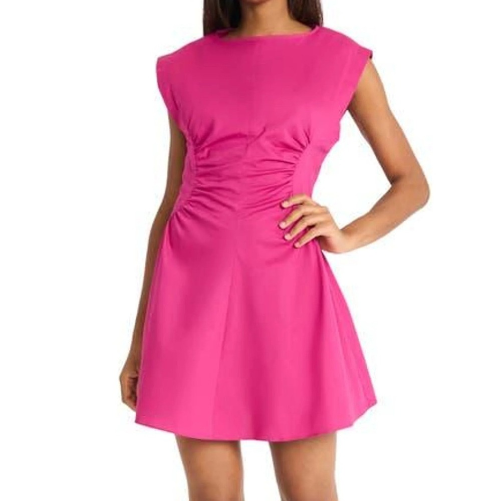 Donna Morgan Gathered Waist Extended Shoulder Fuchsia Pink Mini Dress Womens 12‎